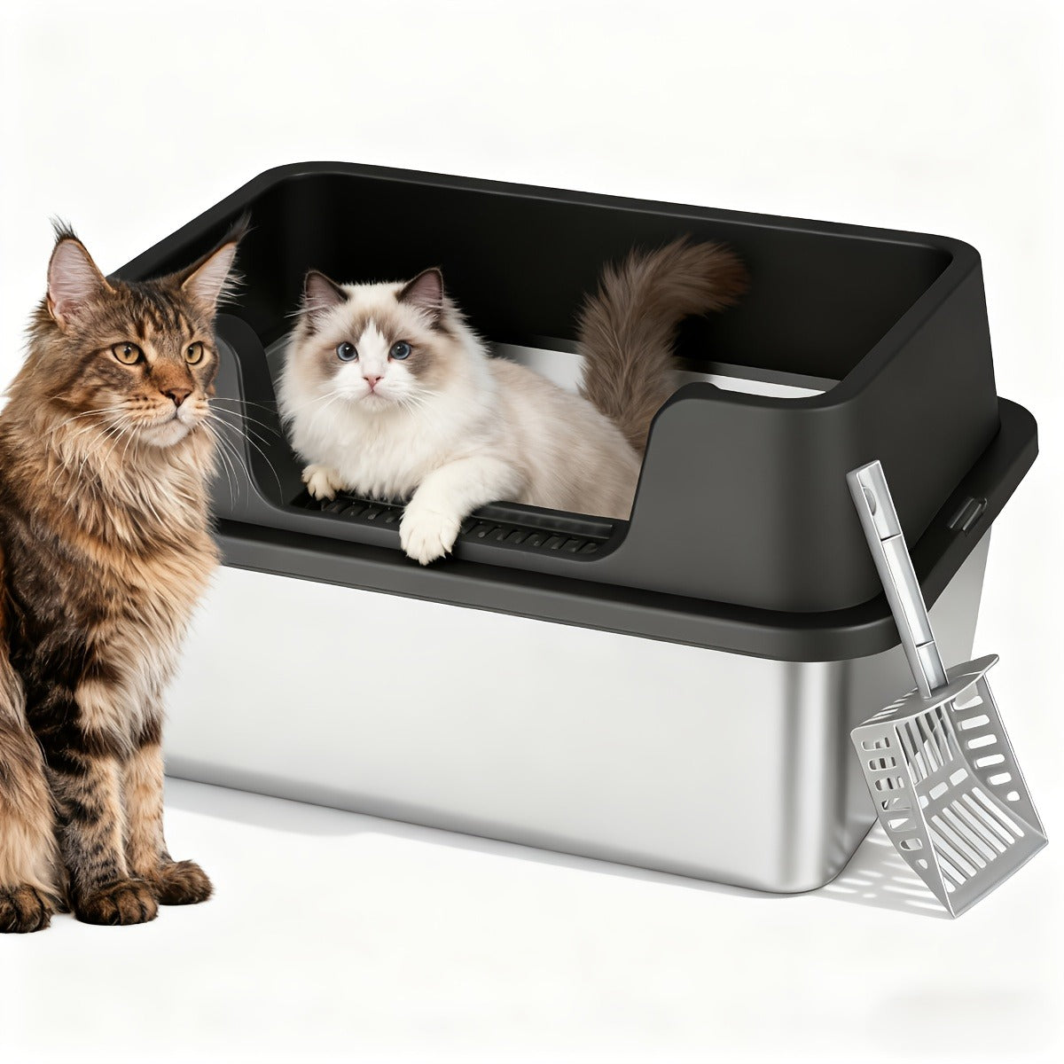 Stainless Steel Cat Litter Box with High-Wall Surround, Front Step, Scoop and 8.46- or 10.43-Inch Wall Options