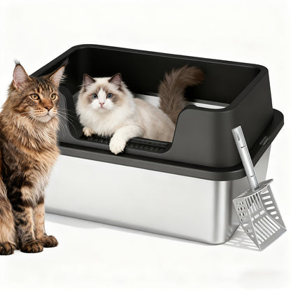 Stainless Steel Cat Litter Box with High-Wall Surround, Front Step, Scoop and 8.46- or 10.43-Inch Wall Options