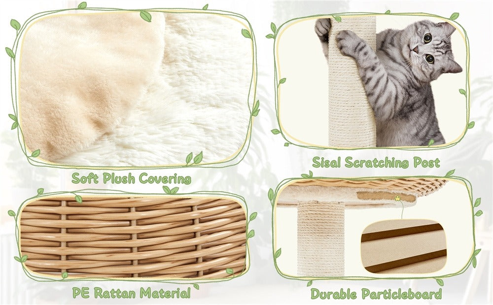Cat Tree 29.5 Inch Rattan Cat House with Natural Sisal Scratching Post – Woven Cat Condo, Soft Cushion Perch, Hanging Bell Toy
