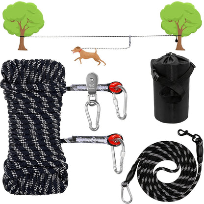 Overhead Dog Trolley System 75ft – Heavy Duty Reflective Cable Runner, Supports Up to 200lbs, Portable Easy Setup for Yard, Park