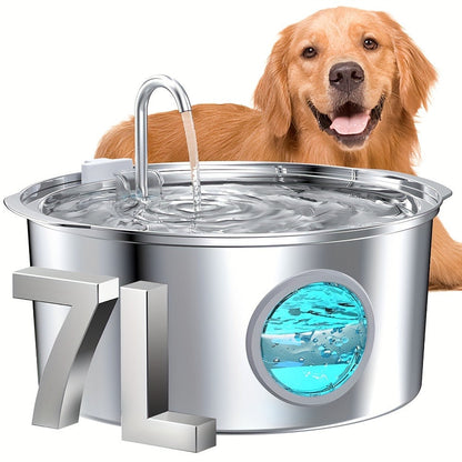 7L Pet Water Fountain with Stainless-Steel-Marked Basin, Water-Level Window and Dual Arched Outlets