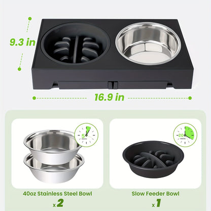 Elevated Dog Bowl Stand with 3 Stainless Steel Bowls – 5 Adjustable Heights, Slow Feeder Design for Small Medium Large Dogs | Anti-Slip
