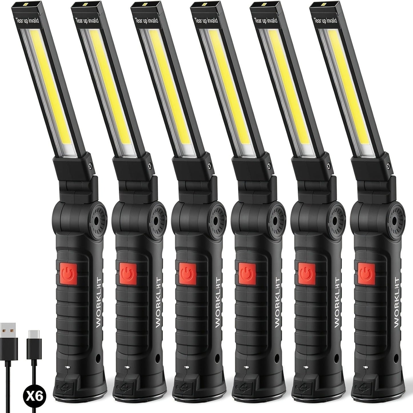 Foldable Black and Khaki Work Light Multipacks with Pivoting COB Bar and Pictured Charging Cables