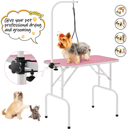 Pet Grooming Table Foldable with Height Adjustable Arm – Non-Slip Waterproof Surface, Folding Legs, Sturdy Metal Frame