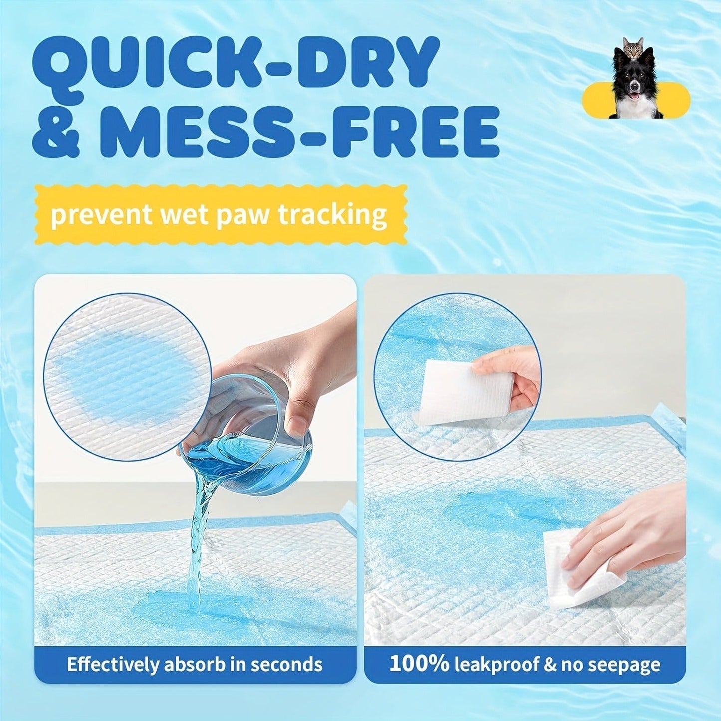 Six-Layer Disposable Pet Pads with 50, 101 or 200-Piece Pack Options and Blue-White Design