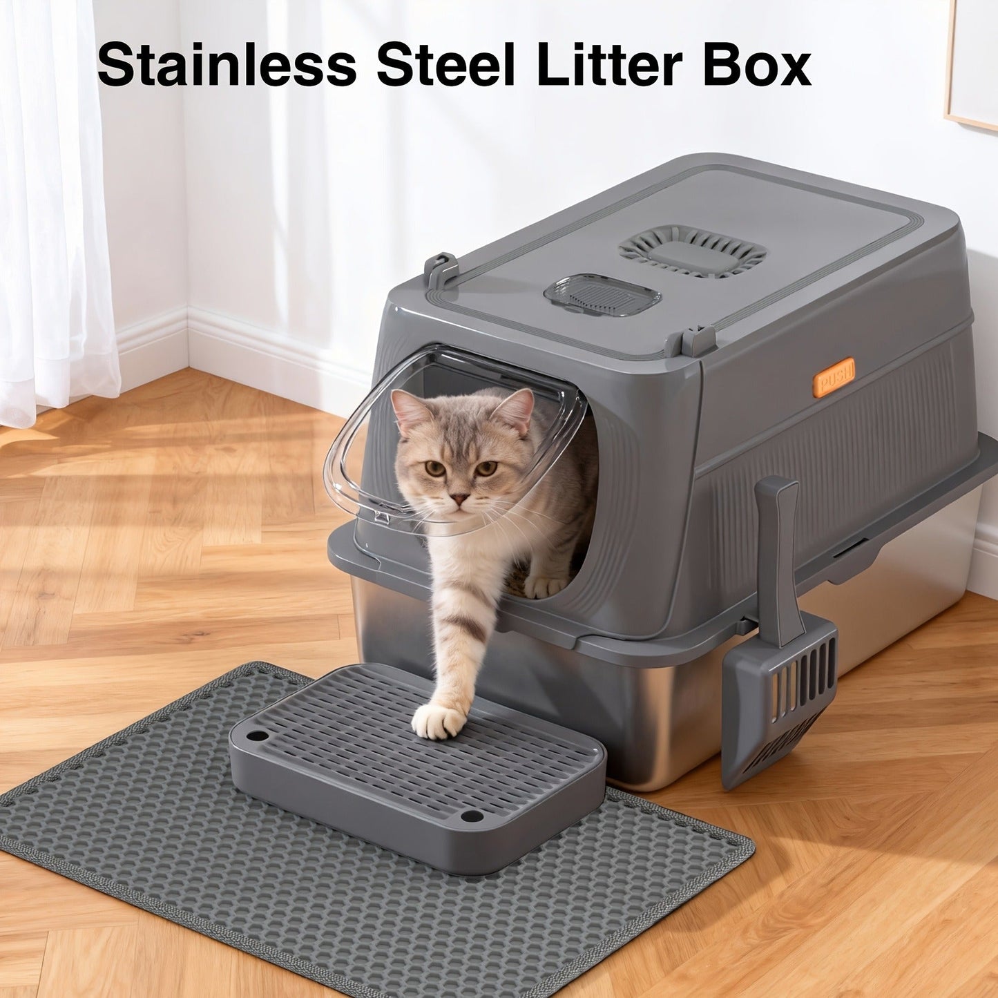 CITYLIFE Cat Litter Box with Stainless Steel Basin, Removable Enclosure, Flap Door, Top Entry, Step and Mat