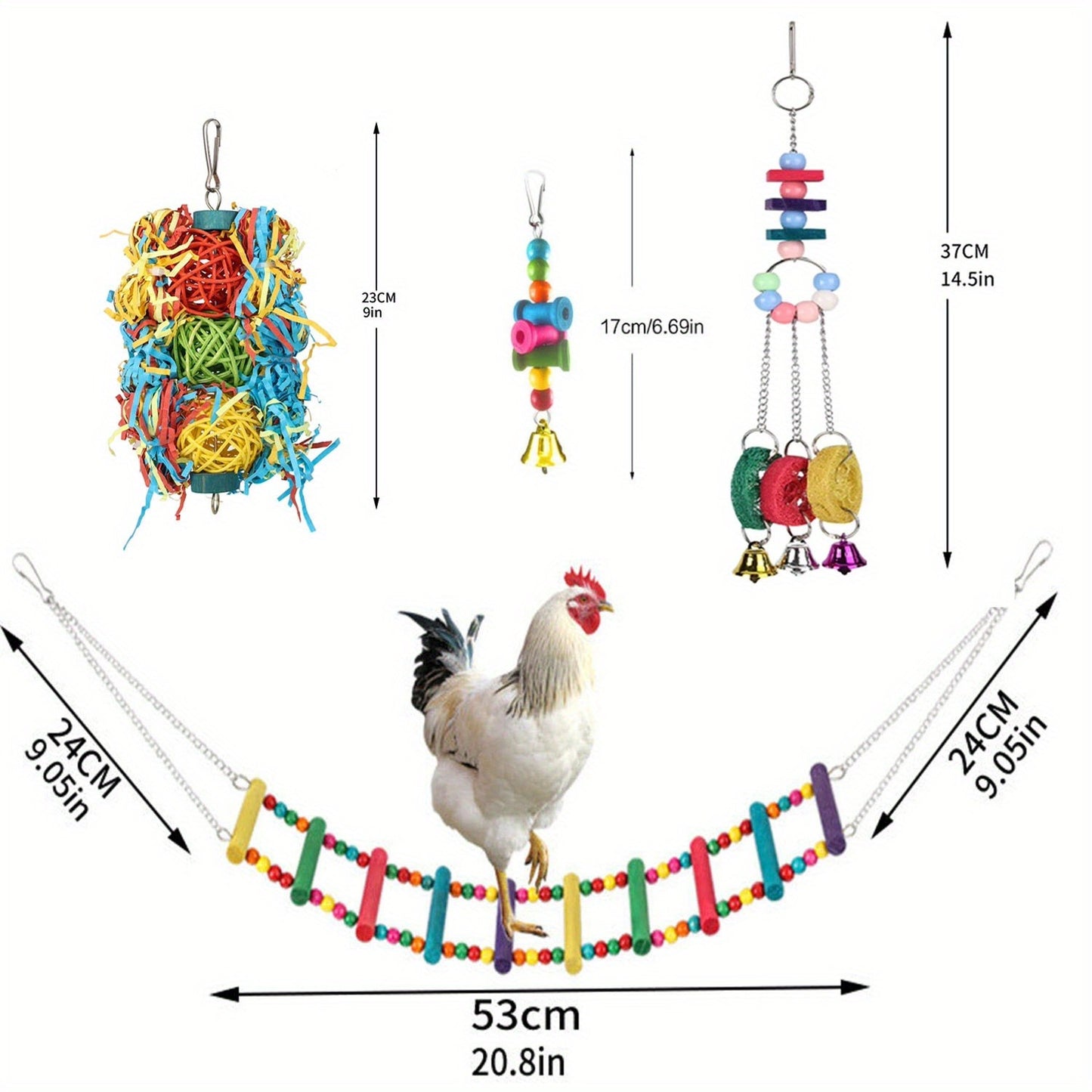 Chicken Coop Toys Set – Xylophone, Swing, Mirror, Step Ladder & Pecking Toys for Hens, Wood & Colorful Bead Enrichment Accessories