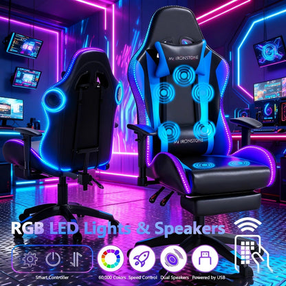 Gaming Chair with 7-Point Vibration Massage, Bluetooth Speakers, RGB Lighting, Footrest and 400lb Rating
