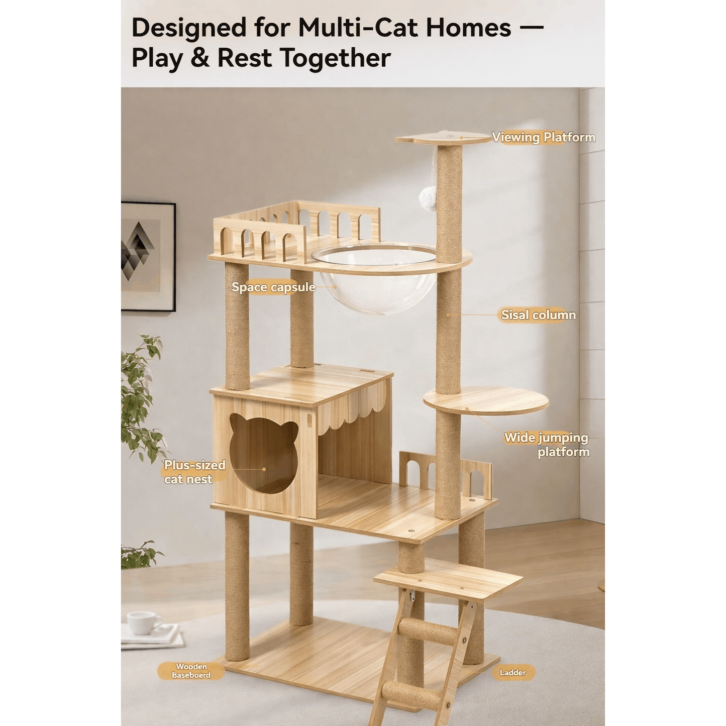 54-Inch Wood-Look Cat Tree with Clear Space Capsule, Enclosed House, Platforms and Step Ladder