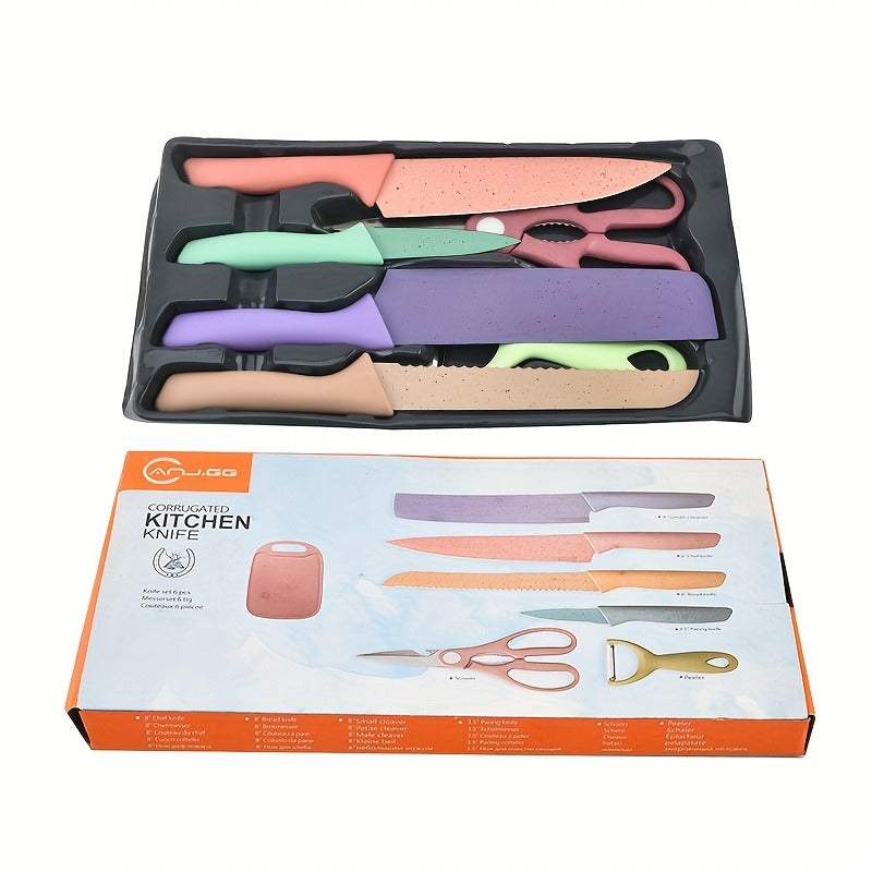 Seven-Piece Kitchen Knife Set with Four Pastel Knives, Kitchen Scissors, Peeler and Cutting Board