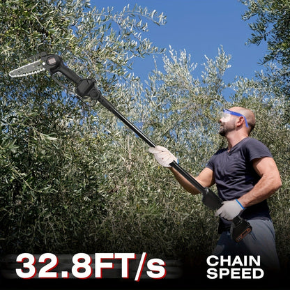 Cordless 4- and 6-Inch Pole Saw with Three Extension Sections, 90° Head, Two Batteries and Two Colors