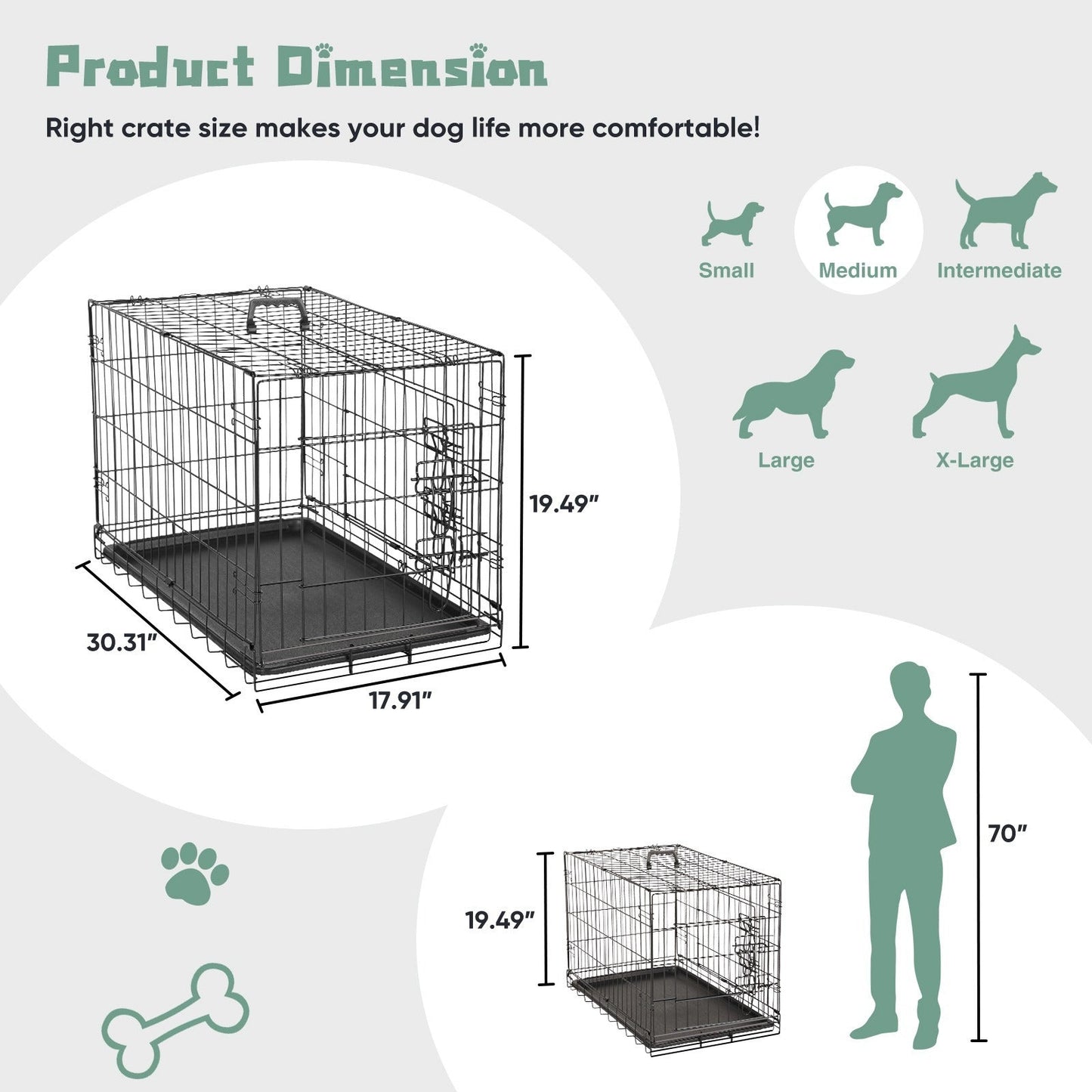 Folding Wire Dog Crate in 24, 30 or 36 Inches with Divider, Removable Tray and Door Options
