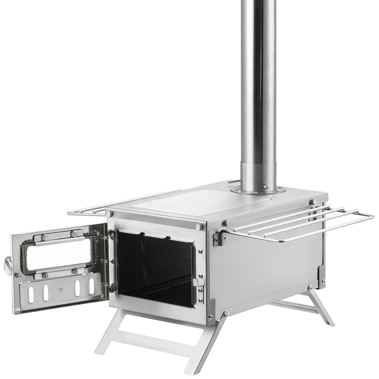 Wood Stove Camping Tent Stove 80 Inch Stainless Steel, 700in³ Firebox, 8 Accessories, BBQ Grill Plate