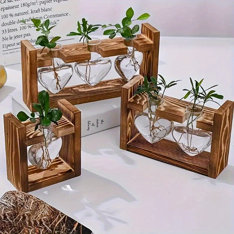 Hydroponic Flower Vase with Wooden Frame Heart-Shaped Pine Glass Bottle for Living Room Desk Home Decor Holiday Gift Single/Double/Triple