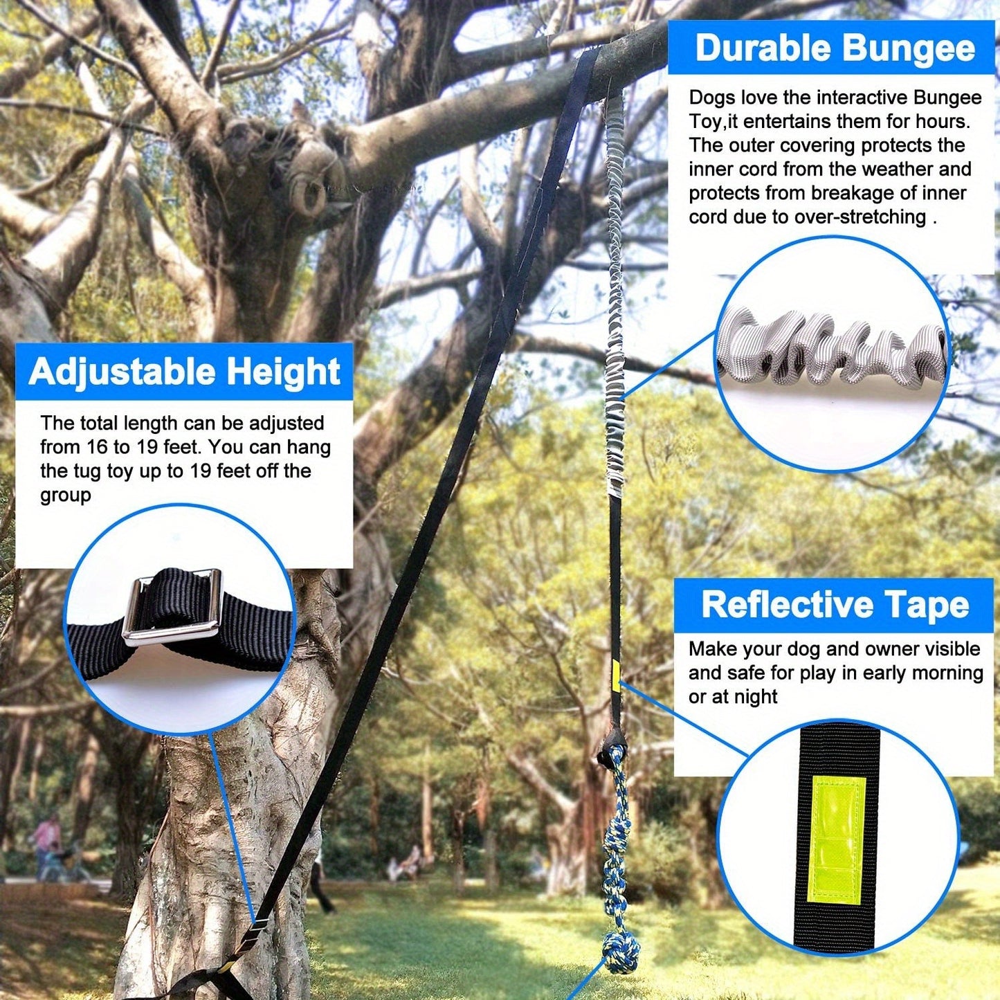 Bungee Dog Tug Toy Outdoor Hanging from Tree Height Adjustable 19.7 Ft Elastic Cord Tether with Chew Rope