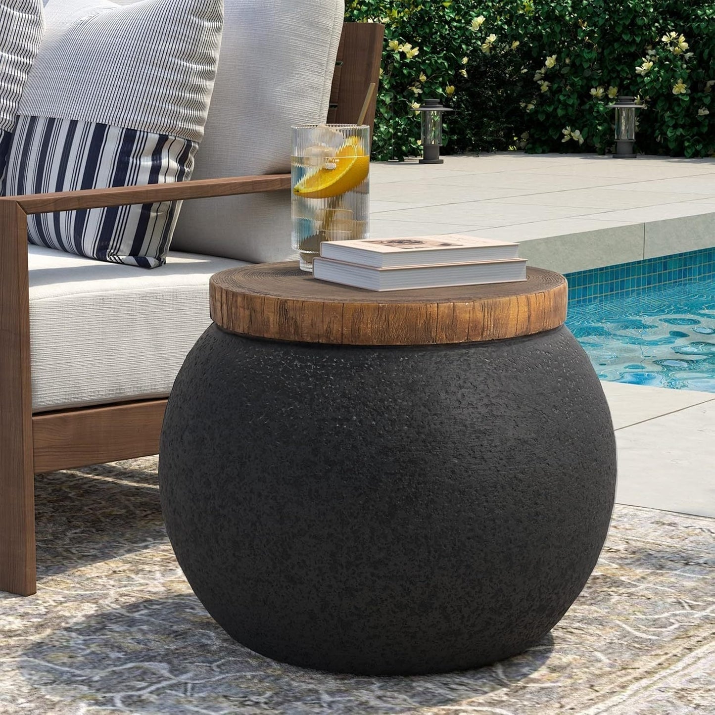 Outdoor Side Table 17-Inch Concrete Design with Wood-Look Top in Black, Hourglass and Compact Options