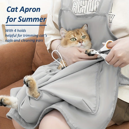 Cat Grooming Apron Restraint Bag with 4 Fixed Holes – Breathable Anti-Scratch Cat Bathing Bag for Nail Trimming, Ear Cleaning & Grooming
