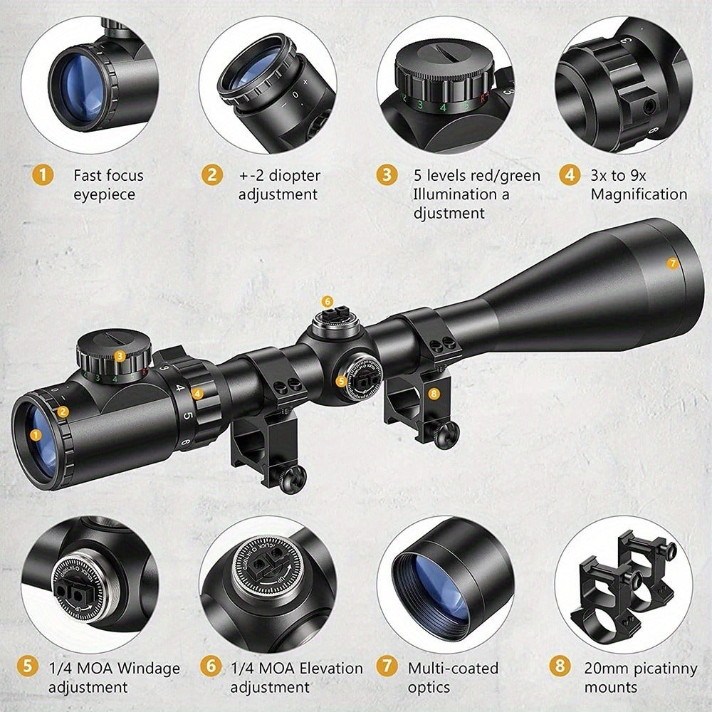 3-9x40 Illuminated Rifle Scope with Red and Green Reticle, 20mm Four-Hole Rail Mount and Adjustment Turrets