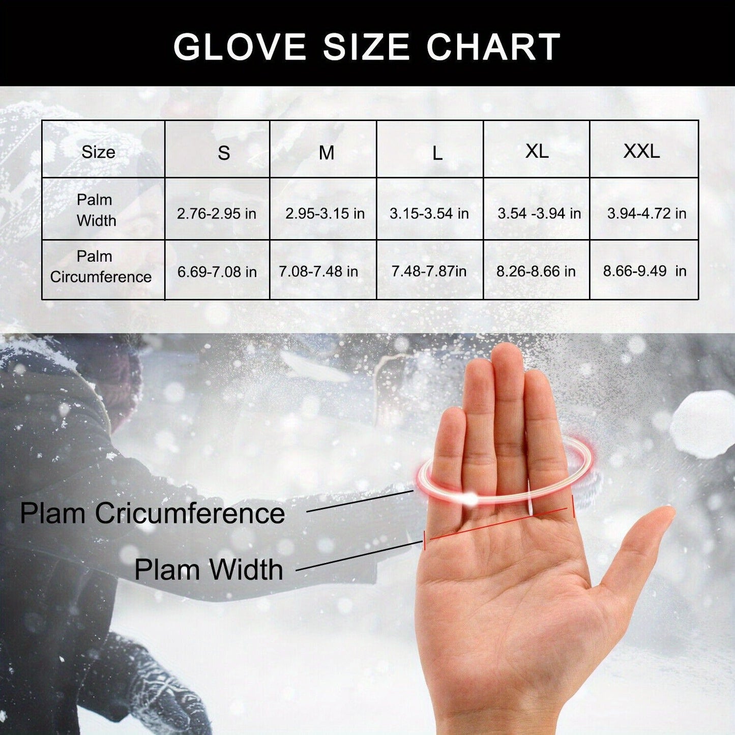 Two-Pair Full-Finger Winter Gloves in Black or Gray with Complete S, M, L, XL and XXL Size Grid
