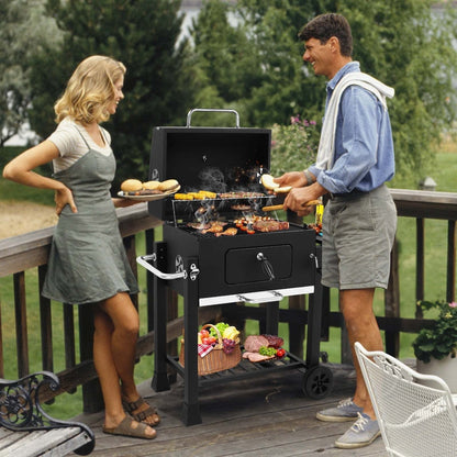 Cart Charcoal Grill with Adjustable Pan, Lid, Wheels, Lower Rack, Thermometer and Folding Side Shelf