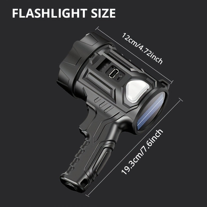 Flashlight 2000-Lumen Solar and USB-C Searchlight with Six Modes, Color Filters and USB Power Output