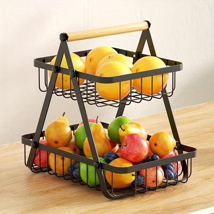Two-Tier Black Wire Fruit Basket with Wood-Look Carry Handle and 12.2-Inch Countertop Frame