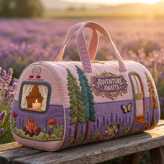 Camper Motif Quilted Travel Tote Bag with Zippered Top, Lavender Handles and 16 x 8 x 8-Inch Checkout Size