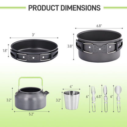 Camping Cookware Set, 19- or 27-Piece Coated Aluminum Mess Kit with Pot, Pan, Kettle, Cups, Plates and Cutlery