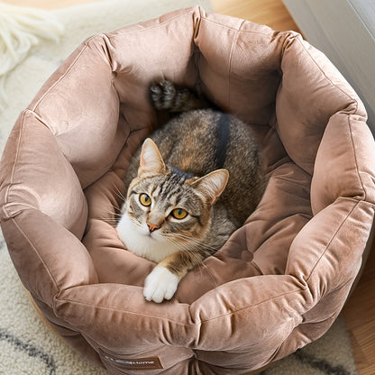 Cat Bed Round Deep Nest for Indoor Cats up to 15lbs, Luxurious Velvet Feel Extra High Sides, Machine Washable Non-Slip Bottom