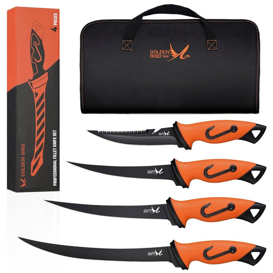 Fillet Knife Set 4-Piece – 5Cr15MoV Stainless Steel Fishing Fillet Knives (5", 6", 7", 9"), Non-Slip Rubber Handle, Serrated Bait Knife