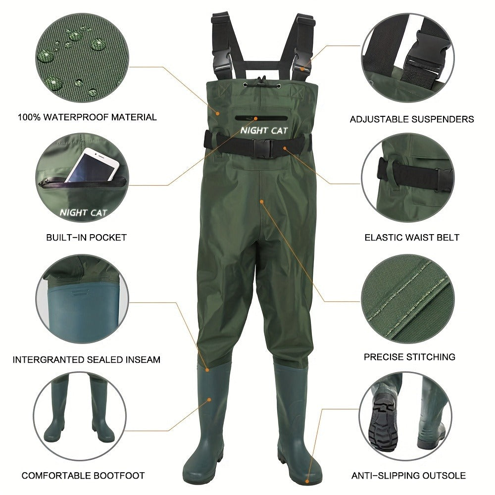 Waterproof Chest Waders for Men & Women with Boot Leg Straps, Adjustable H-Back Suspenders & Anti-Slip PVC Boots for Fly Fishing