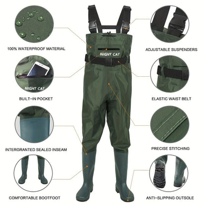 Waterproof Chest Waders for Men & Women with Boot Leg Straps, Adjustable H-Back Suspenders & Anti-Slip PVC Boots for Fly Fishing
