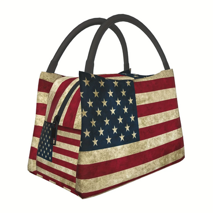 Retro Insulated Lunch Cooler Bag 11"x6.3"x6.7" Portable Reusable Independence Day Themed Leakproof Lunch Box for Camping Picnic Beach Office