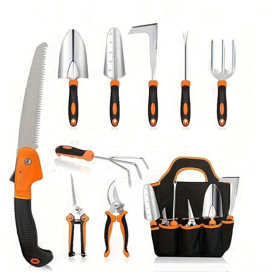 Garden Tool Set 10-Piece | Heavy Duty Stainless Steel Trowel Pruner Rake Weeder with Tote Bag | Ergonomic Non-Slip Grip Gardening Kit Gift