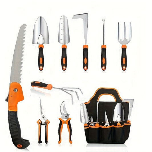 Garden Tool Set 10-Piece | Heavy Duty Stainless Steel Trowel Pruner Rake Weeder with Tote Bag | Ergonomic Non-Slip Grip Gardening Kit Gift