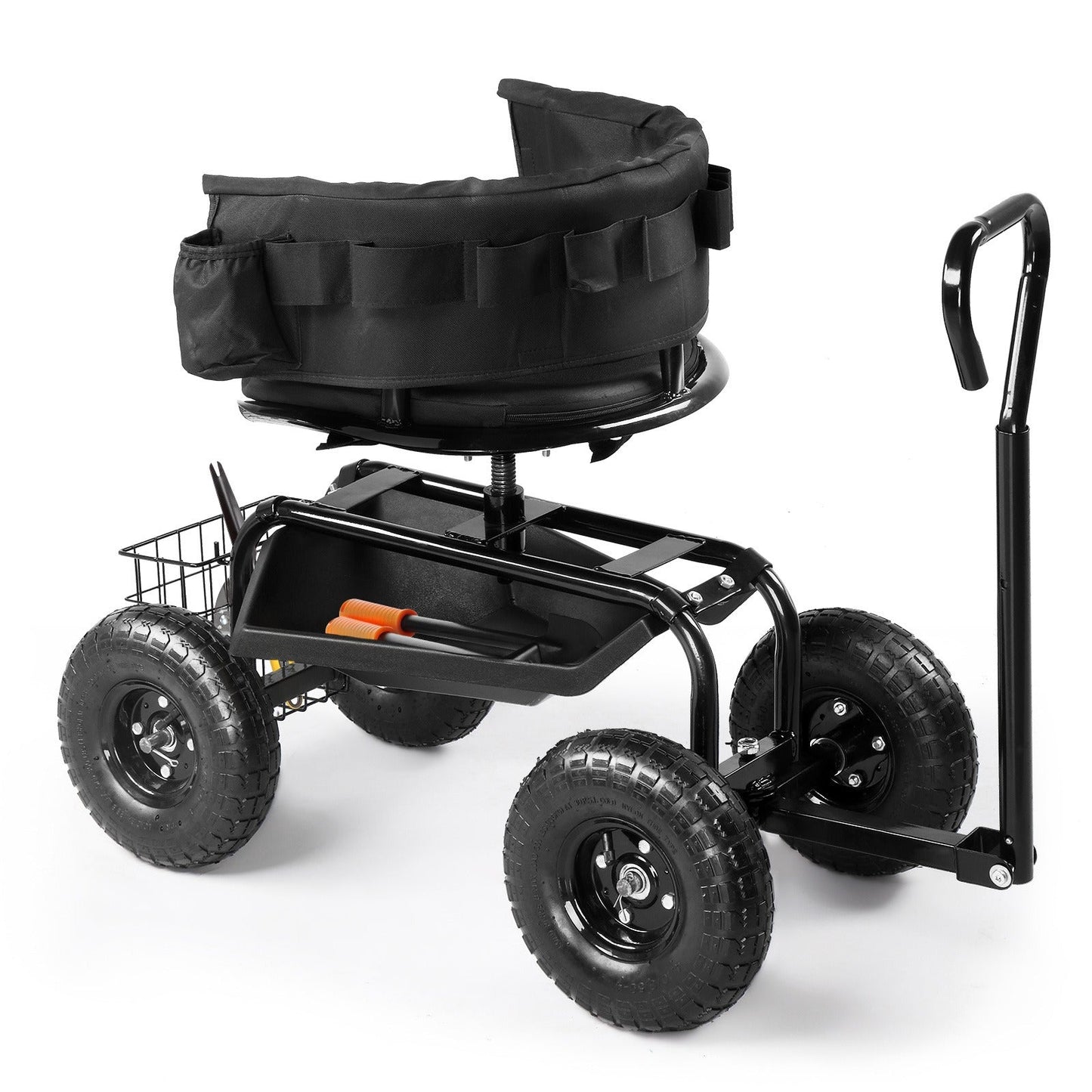 Rolling Garden Seat Cart, Backrest, Cushion, Telescopic Handle & Storage Basket, Steel Frame