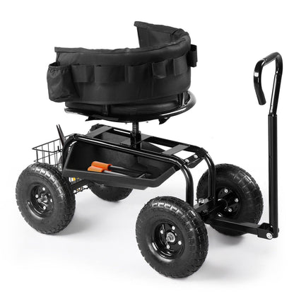 Rolling Garden Seat Cart, Backrest, Cushion, Telescopic Handle & Storage Basket, Steel Frame