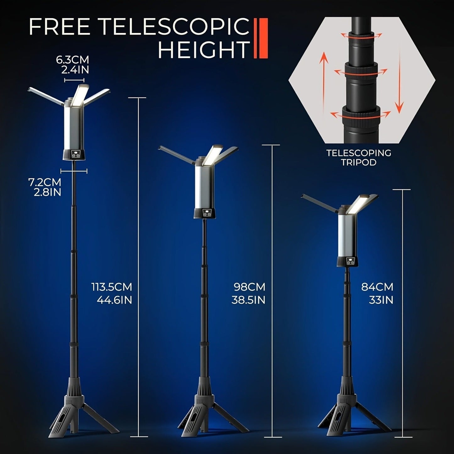 LED Camping Lantern with Tripod Stand, 6000/14500mAh Rechargeable Work Light, 10 Light Modes, 3 Height Adjustments