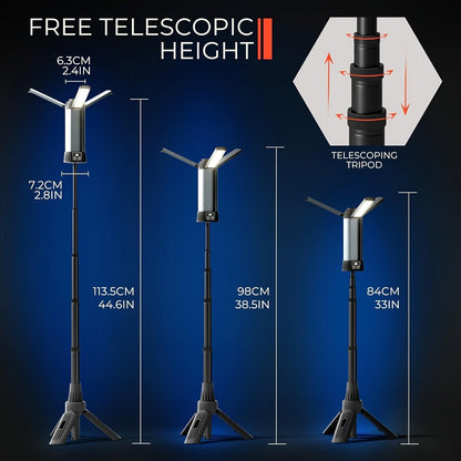 LED Camping Lantern with Tripod Stand, 6000/14500mAh Rechargeable Work Light, 10 Light Modes, 3 Height Adjustments