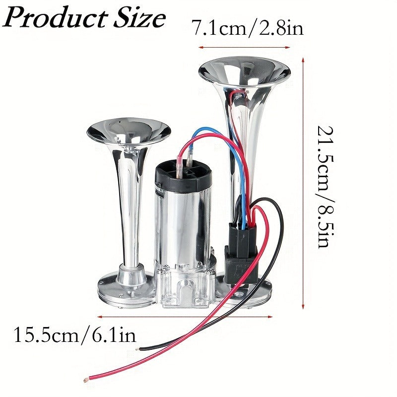 Dual Air Horn Kit 12V/24V 105-137dB with Air Compressor – Super Loud Aluminum Alloy Trumpet Horn for Truck, Train, SUV, Motorcycle