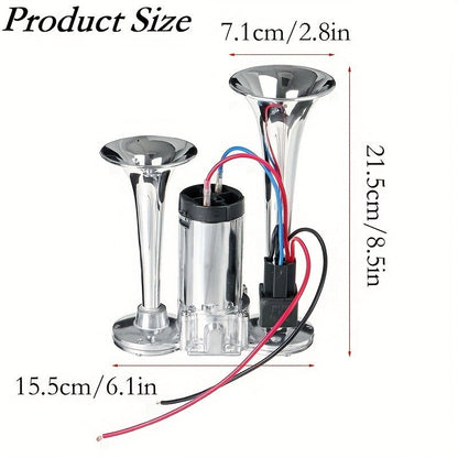 Dual Air Horn Kit 12V/24V 105-137dB with Air Compressor – Super Loud Aluminum Alloy Trumpet Horn for Truck, Train, SUV, Motorcycle