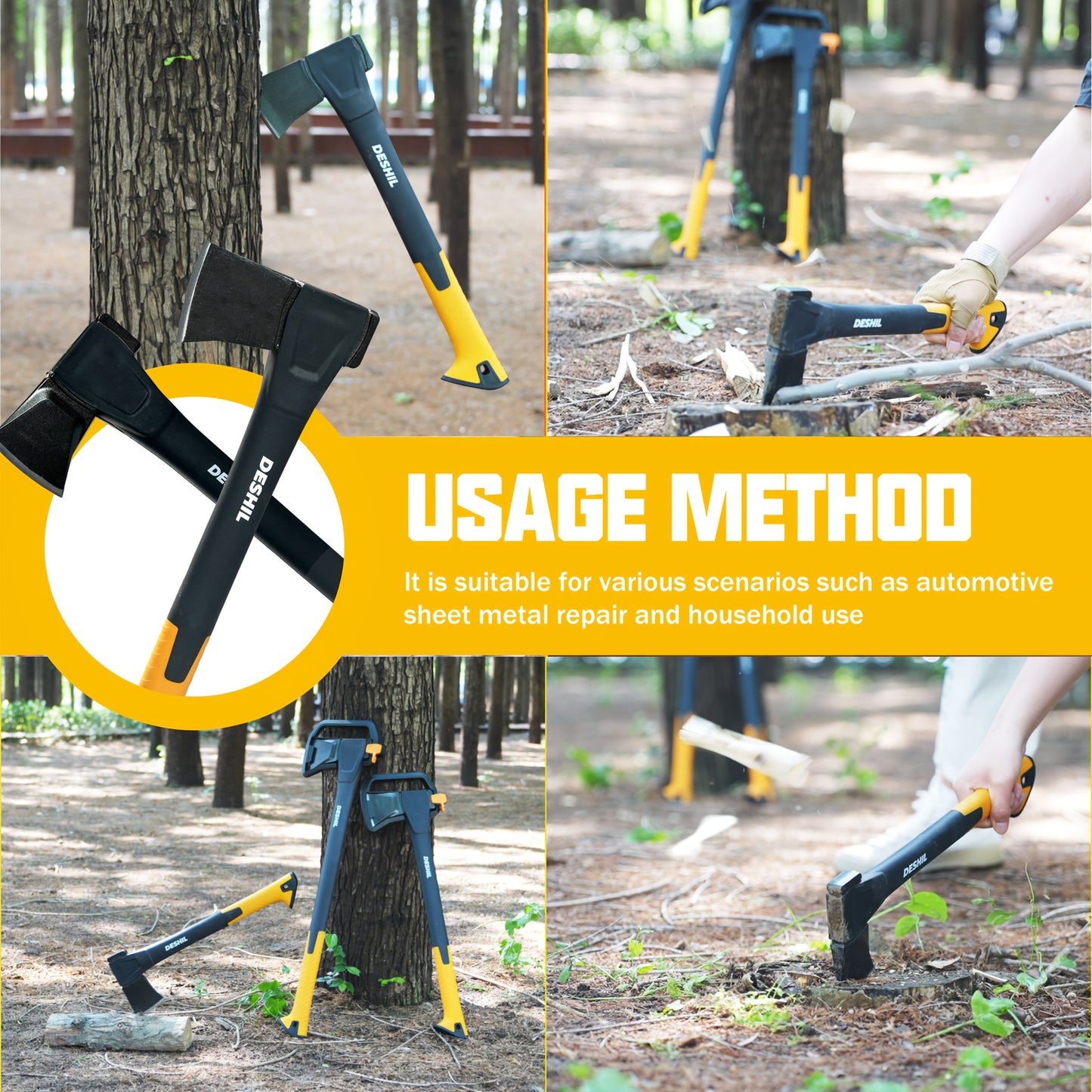 Carbon Steel Camping Hatchet Wood Splitting Axe – Teflon-Coated Forged Steel Blade, Shock-Absorbing Fiber Handle, Anti-Rust & Non-Slip