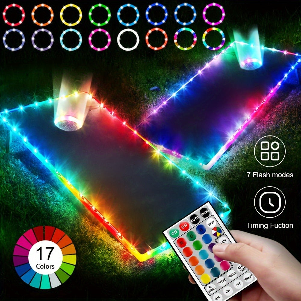 Cornhole Lights LED Ring & Board Edge Lights 17 Colors 7 Modes with Remote Control for Standard Cornhole Board 4ft x 2ft Night Games