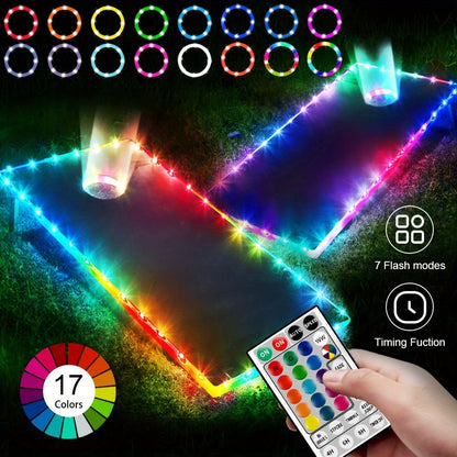 Cornhole Lights LED Ring & Board Edge Lights 17 Colors 7 Modes with Remote Control for Standard Cornhole Board 4ft x 2ft Night Games