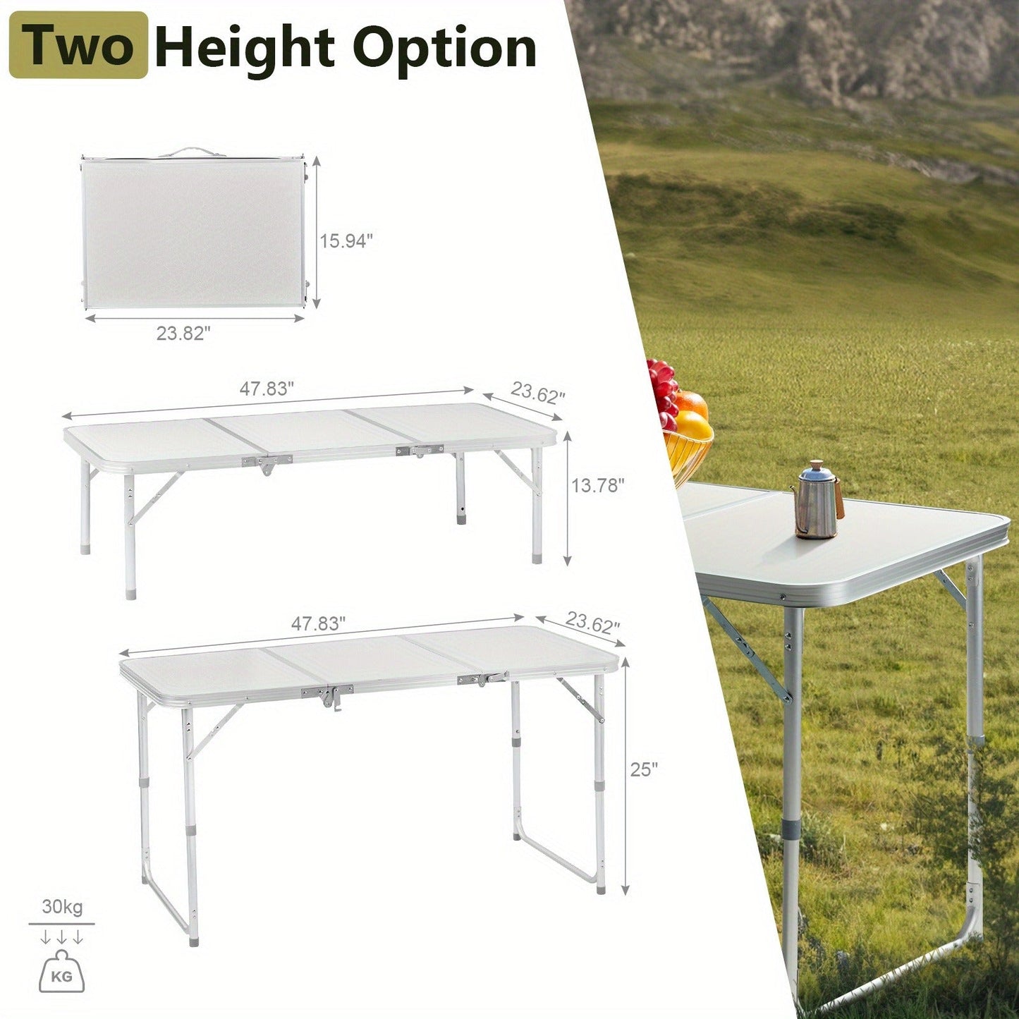 Folding Table 3ft and 4ft Aluminum Alloy Picnic Design with Two Height Positions and Fold-Flat Carry Case