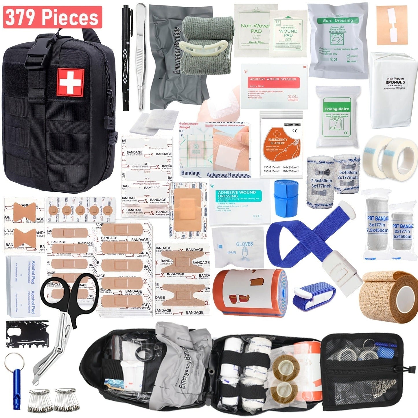 379-Piece First Aid Kit with Multi-Section Organizer Backpack, Internal Holders and Three Case Colors