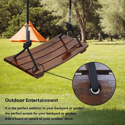Solid Wood Outdoor Swing Seat 440LBS Capacity Adjustable Rope Length Single Seat Tree Swing for Kids Adults Backyard Garden Patio Hanging
