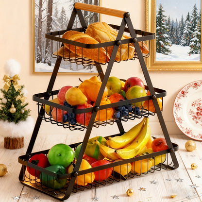 Fruit Basket Kitchen Organizer 2 or 3 Tier Metal Stand with Removable Wooden Handles for Countertop