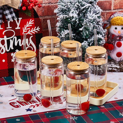Drinking Glasses Set with Lid and Straw 550ml Oval Glass Cups 4 or 6 Piece, for Home Cooking, Dining and Outdoor Meals