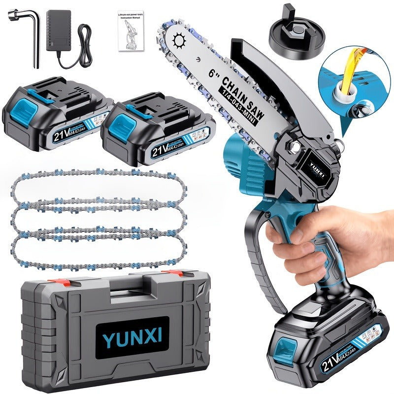 Handheld Electric Chainsaw, Mini Cordless Portable Tree Cutter with Splash Guard, Security Lock, Rechargeable Battery Options